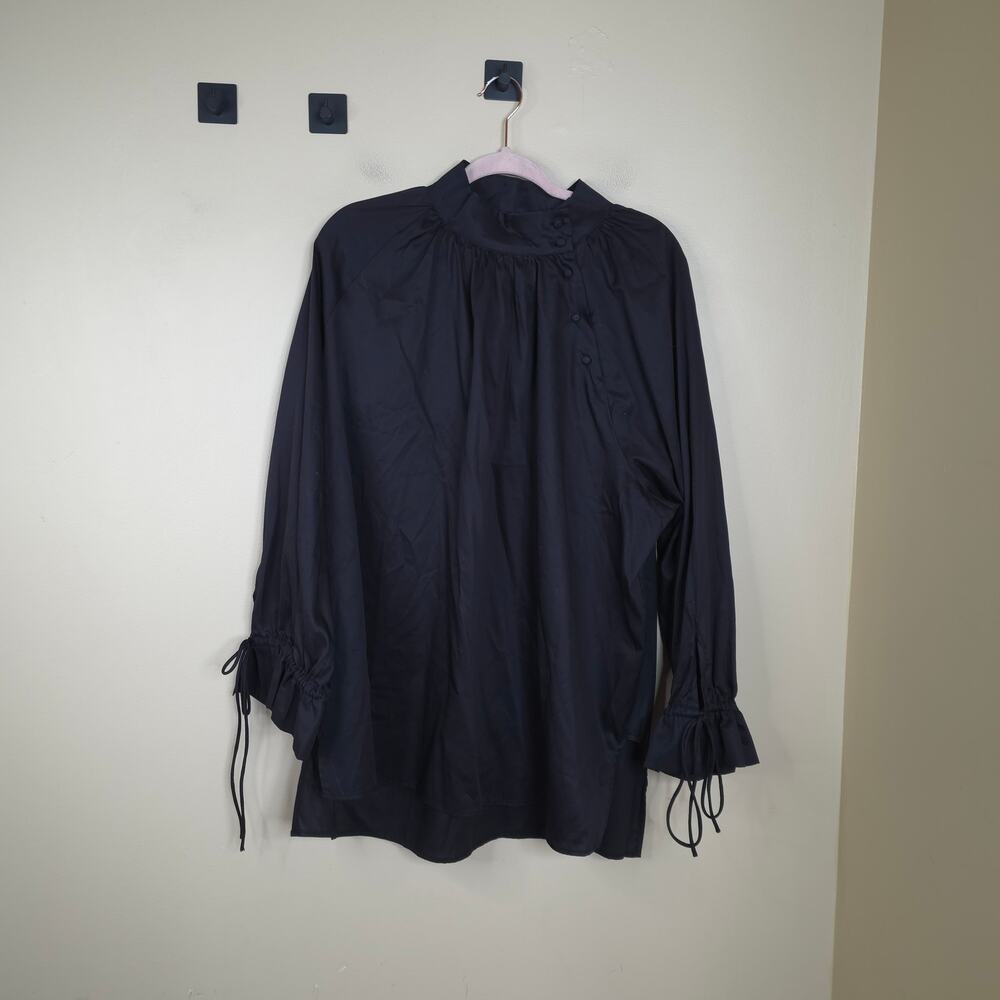 Harshman Bianca Band Collar Cotton Poplin Blouse in Black Size 2X